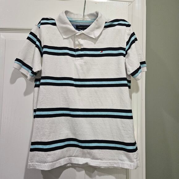 Tommy Hilfiger Boy's Medium (12/14) White‎ & Blue Striped Short Sleeve Polo - Picture 1 of 5